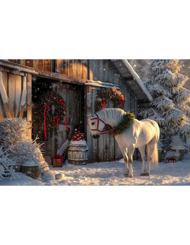 Toile de Fond Cheval dans une Cour de Ferme Enneigée de Noël BRP8-66 de votre