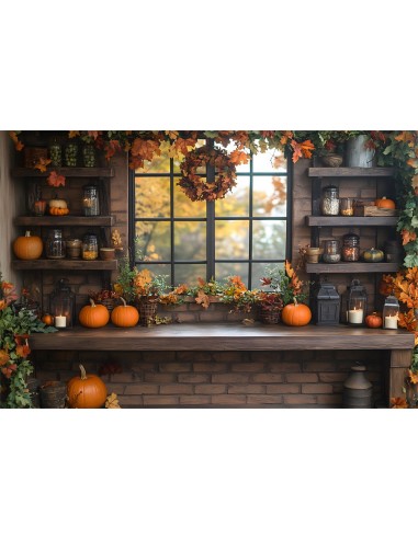 Toile de Fond Vitrine d'Automne avec Citrouilles RR8-306 de pas cher