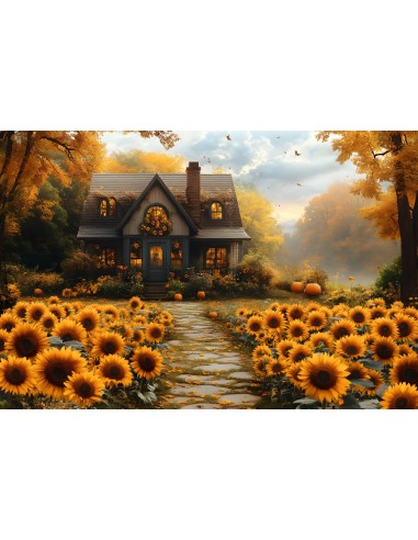 Toile de Fond Maison en Bois avec Tournesols d'Automne RR8-312 du meilleur 