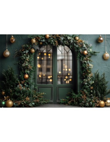 Toile de Fond Porte Décorée avec Boules de Noël et Guirlande RR8-346 d'Europe débarque