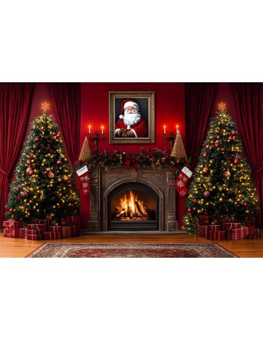 Toile de Fond Sapin de Noël et Cheminée avec Père Noël RR8-354 Véritable concentré