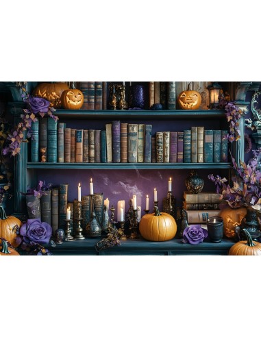 Toile de Fond Étagère avec Citrouilles et Bougies d'Halloween RR8-374 rembourrage situé sous