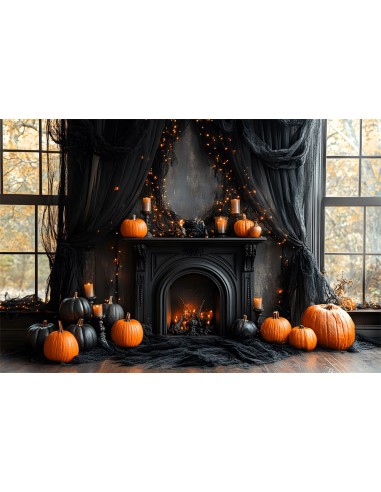 Toile de Fond Cheminée Noire avec Citrouilles d'Halloween RR8-382 à prix réduit toute l'année