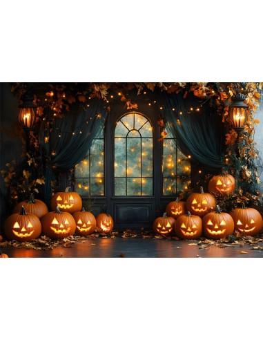 Toile de Fond Fenêtre Décorée avec Citrouilles Lumineuses d'Halloween RR8-385 À commander