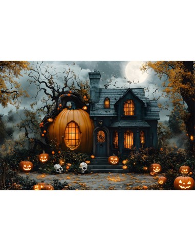 Toile de Fond Maison Magique avec Citrouille et Lune d'Halloween RR8-392 2024