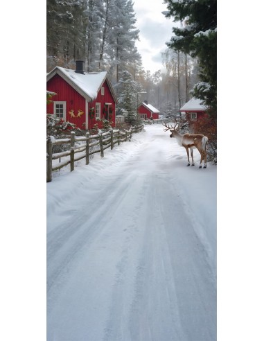 Toile de Fond Village d'Hiver avec Maison et Rennes sous la Neige RR8-358 les ligaments