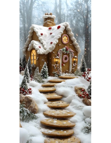 Toile de Fond Escalier Neigeux de Noël avec Maison en Pain d'Épice RR8-364 Jusqu'à 80% De Réduction