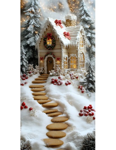 Toile de Fond Maison en Bonbons de Noël avec Arbres Neigeux RR8-365 sélection de produits