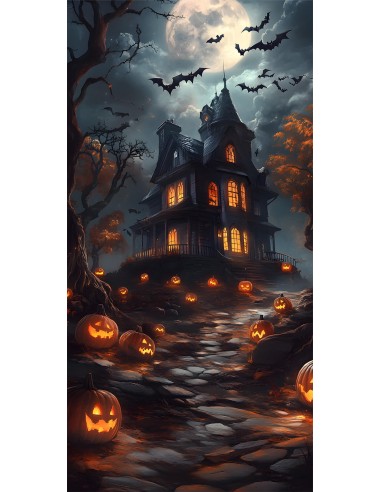 Toile de Fond Maison de Sorcière et Citrouille sous la Lune d'Halloween RR8-404 Jusqu'à 80% De Réduction